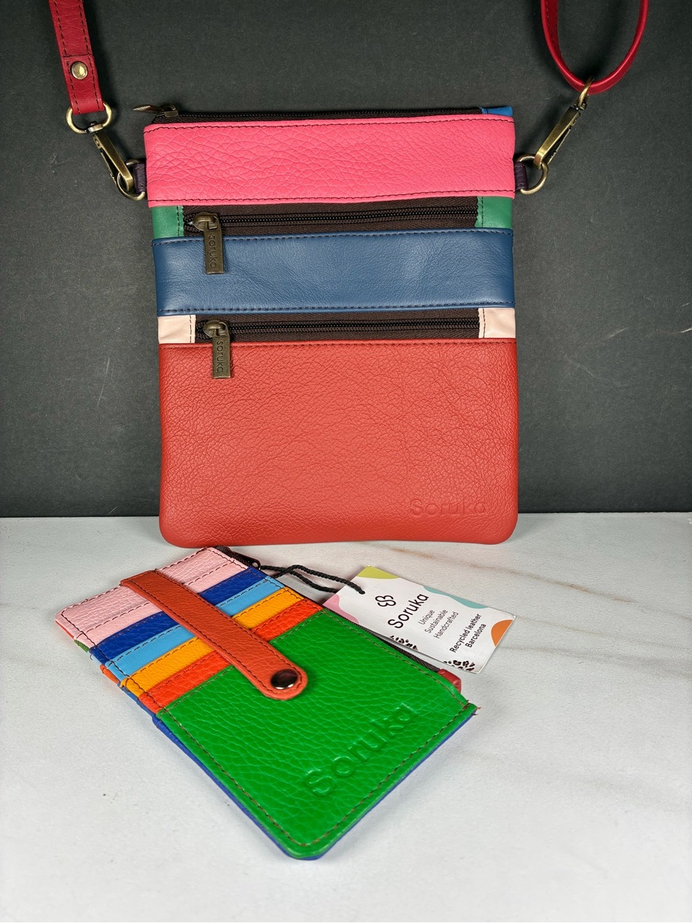 Soruka Handcrafted Recycled Leather Multicolor Crossbody Purse and Wallet Spain